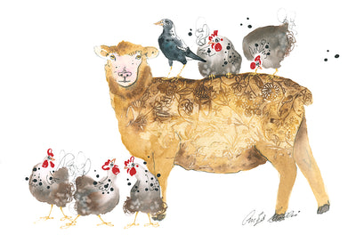 Chooks on the sheep's back - Bells Fine Art