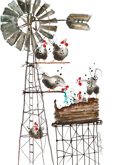 Chooks on the windmill - Bells Fine Art