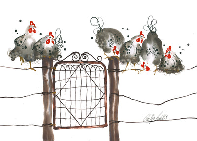 Roosters on Wire Fence - Bells Fine Art